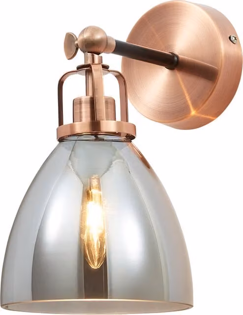 Litecraft Indy 1 Adjustable Industrial Wall Light with Smoke Grey Glass Shade in Copper