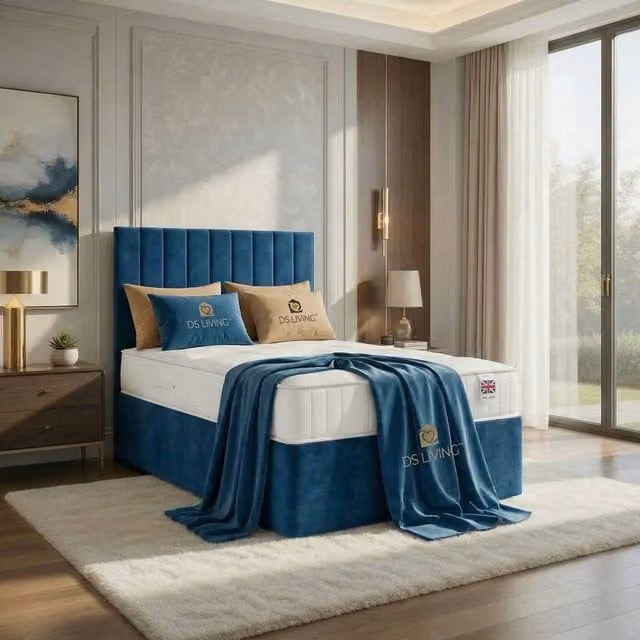 DS Living Aria Blue Velvet Upholstered Ottoman Bed, Super King, W/D/H: 200 x 200 x 180 cm – 1