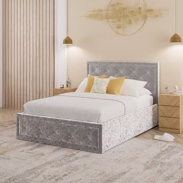GFW Hollywood Ottoman Storage Bed in Grey Crushed Velvet, W/D/H: 140 x 200 cm