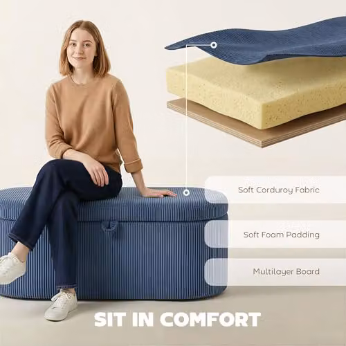 HOMCOM Corduroy Upholstered Storage Ottoman in Blue, W/D/H: 105 x 51 x 49 cm – 5