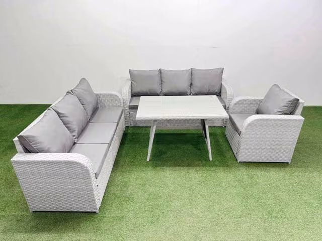 Fimous 4 Piece Grey PE Rattan Garden Furniture Set with 3 Seater Sofa, Reclining Lounge Armchair, Coffee Table and Upholstered Cushions