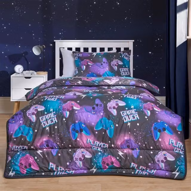 OHS Kids Gaming Coverless Duvet and Pillowcase Set, 10.5 Tog Reversible Microfibre Quilt, Black/Purple/Multicolour, W/D/H: 135 x 200 cm – 1