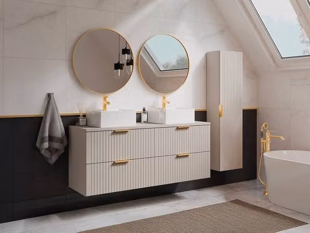 Vente-unique Suspended Striped Bathroom Vanity Unit with Square Ceramic Countertop Basin in Beige, W/D/H: 60 x 46 x 57 cm – 1