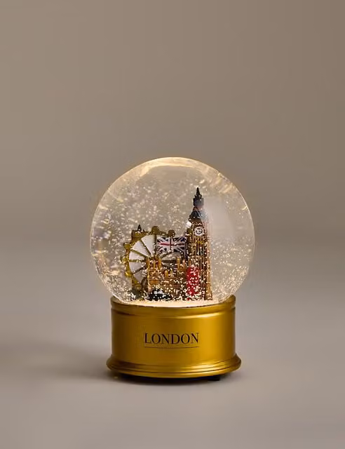 M&S London Pre-Lit Gold Glass Snow Globe Tabletop Christmas Decoration