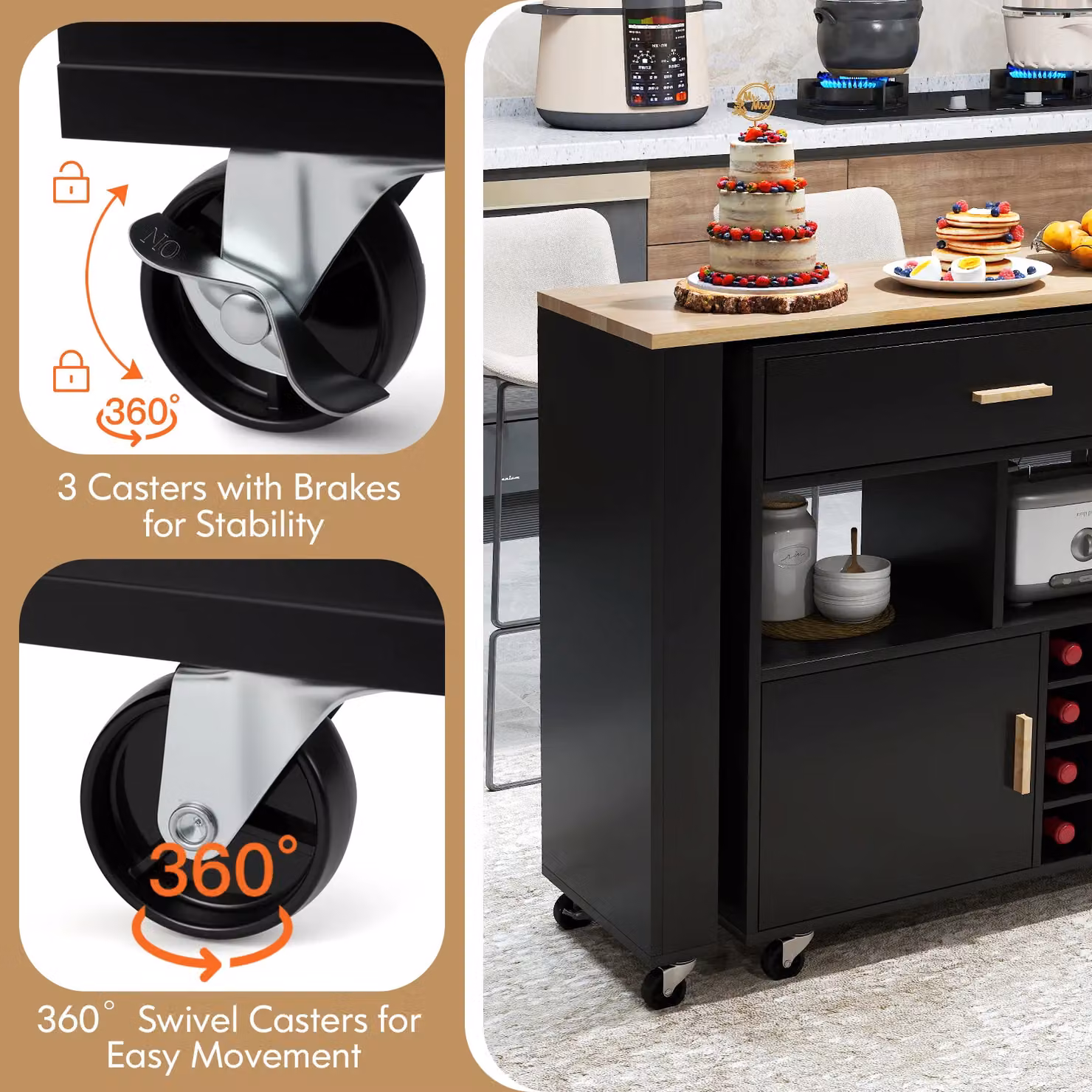 Gymax Kitchen Island Wine Bar Table Combo, Reversible Mobile Serving Cart in Black Rubberwood – 9