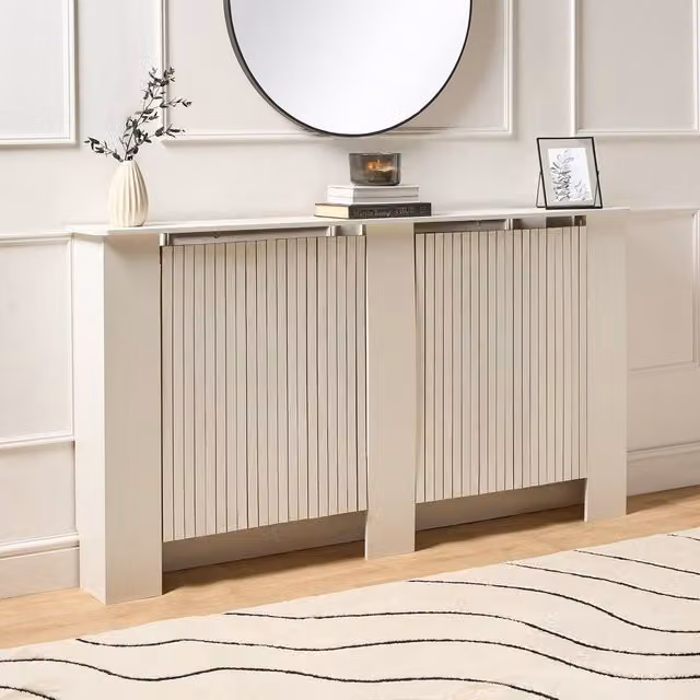 OHS Ribbed Large Radiator Cover in White Matt Slatted Engineered Wood W/D/H: 150 x 19 x 82 cm