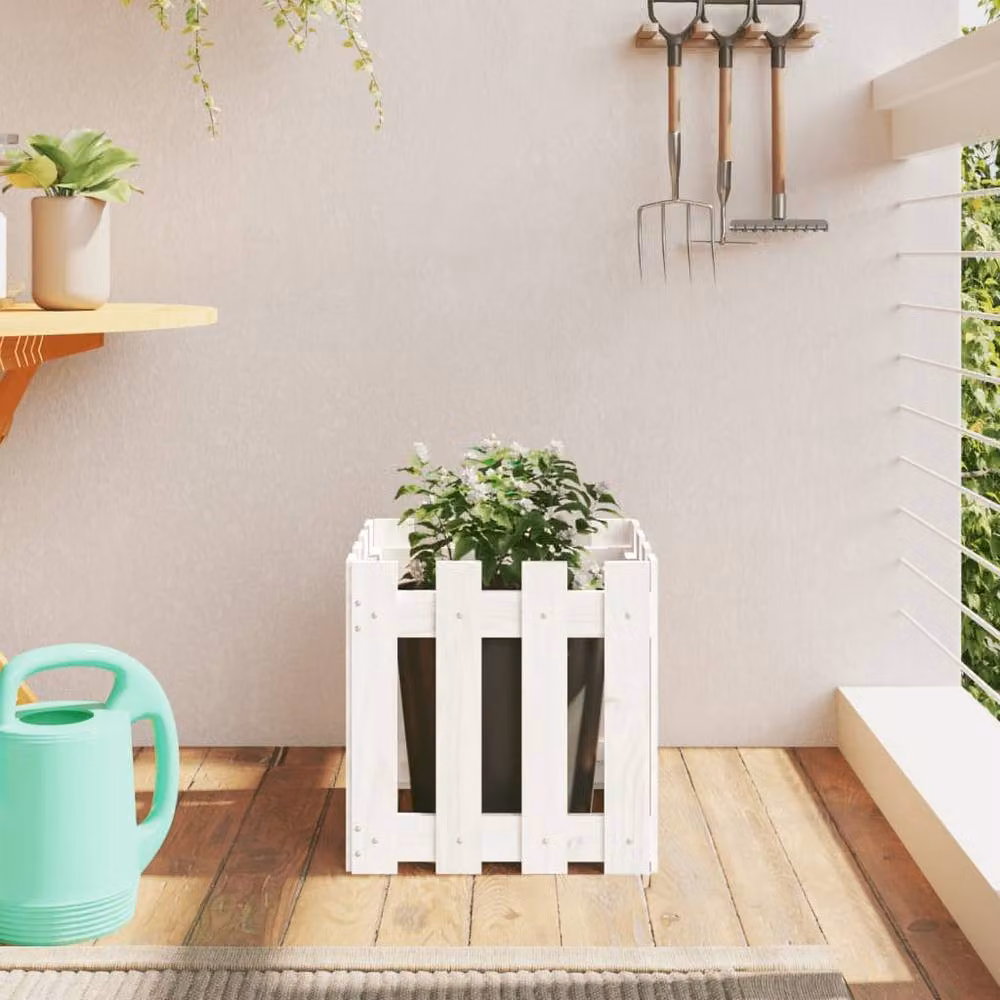 Berkfield Home Beautiful Garden Planter with Fence Design in White, W/D/H: 40 x 40 x 40 cm – 2