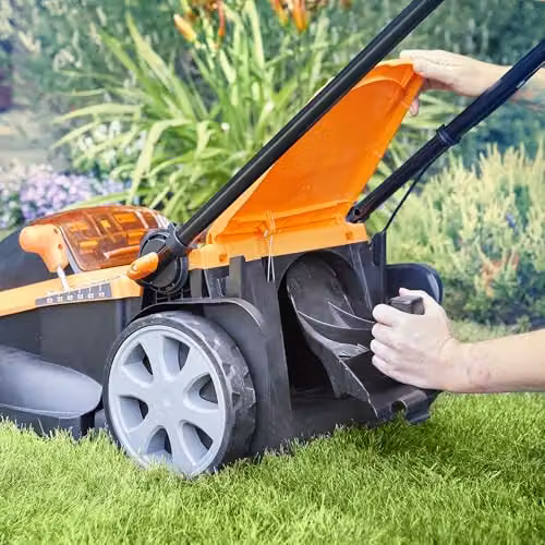 LawnMaster MX 24V Orange Cordless Lawnmower with 41cm Cutting Width, Spare Battery, Collection Bag and Mulching Kit – 6