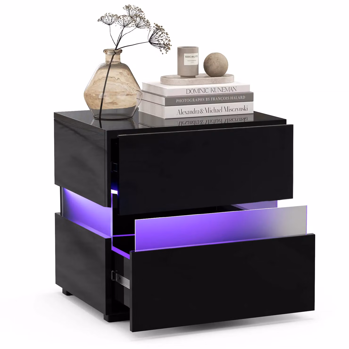 Costway LED Bedside Table with 2 Drawers and Remote Control, Black – 2