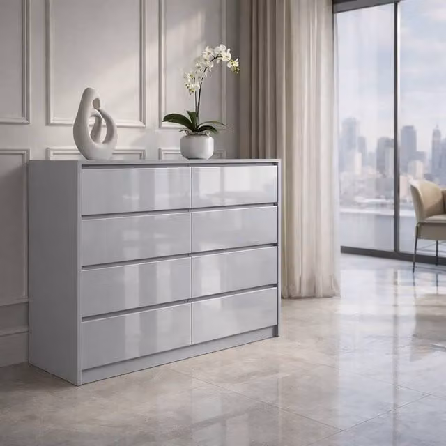 Harmin Grey 8 Drawer High Gloss Chest of Drawers with Sleek Handleless Design