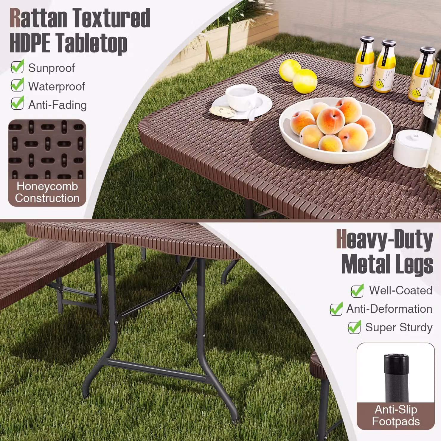 Costway Brown Portable Folding Dining and Camping Table, W: 180 cm, D: 74 cm, H: 74 cm – 5