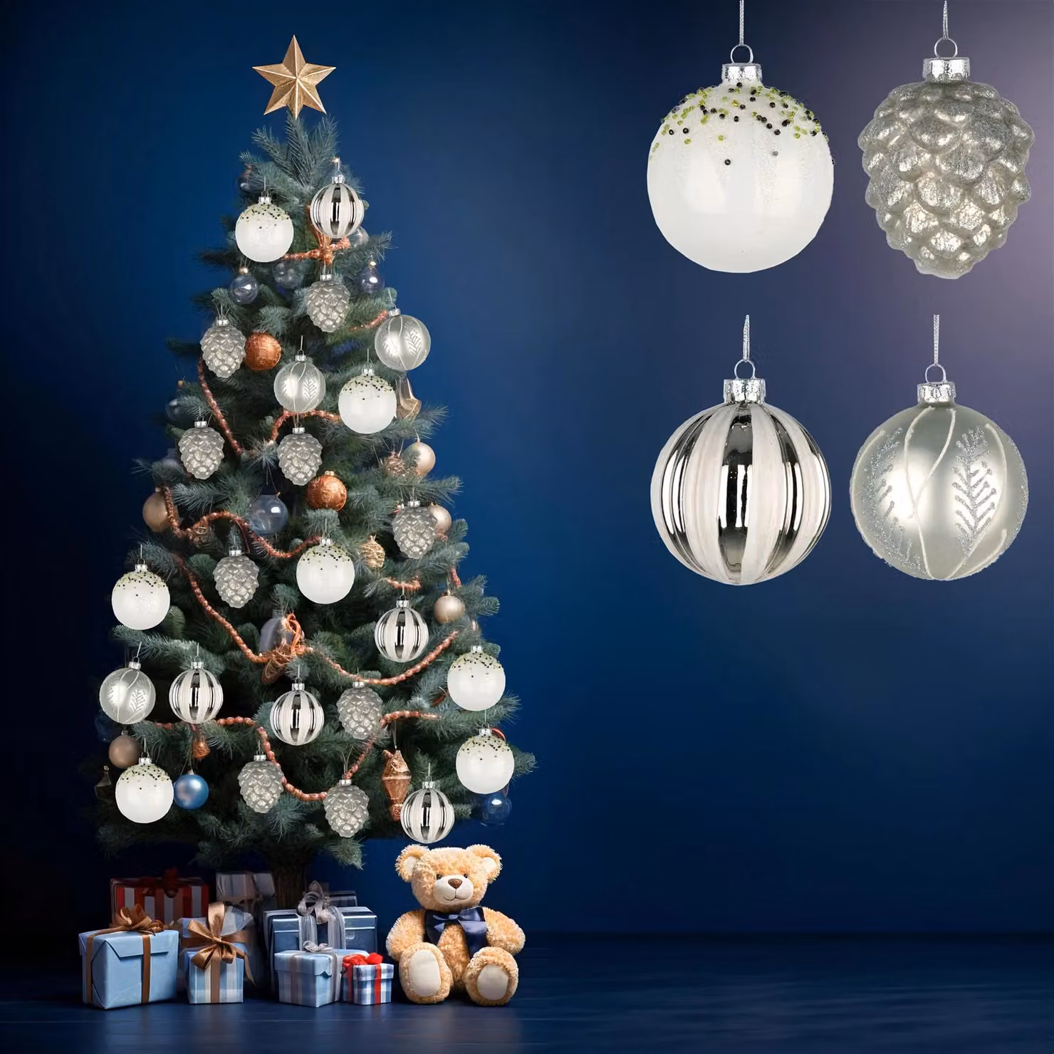 Shatchi 12-Piece Set of Glass Christmas Bauble Hanging Ornaments in Silver and White, Diameter: 8 cm – 8