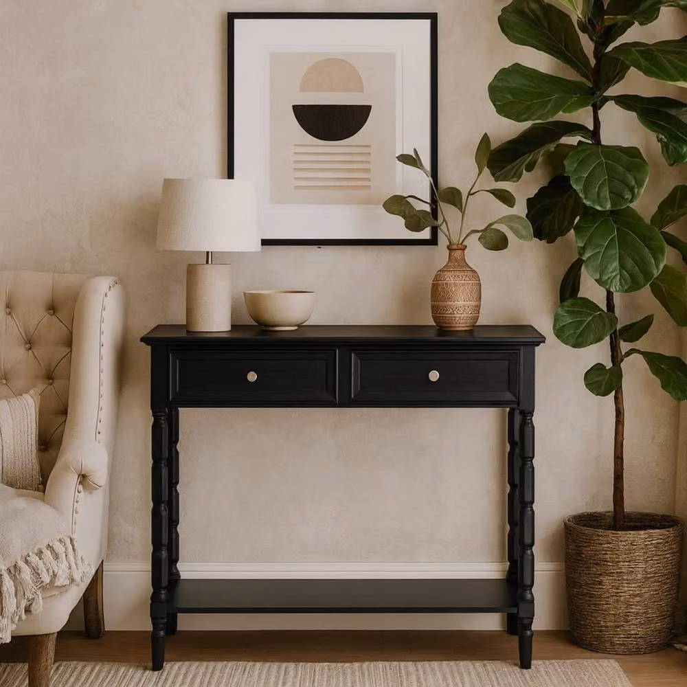 Wyld Haus Ploumanach Black Wooden 2 Drawer Console Table with Bottom Shelf W/D/H: 90 x 33 x 80 cm – 2