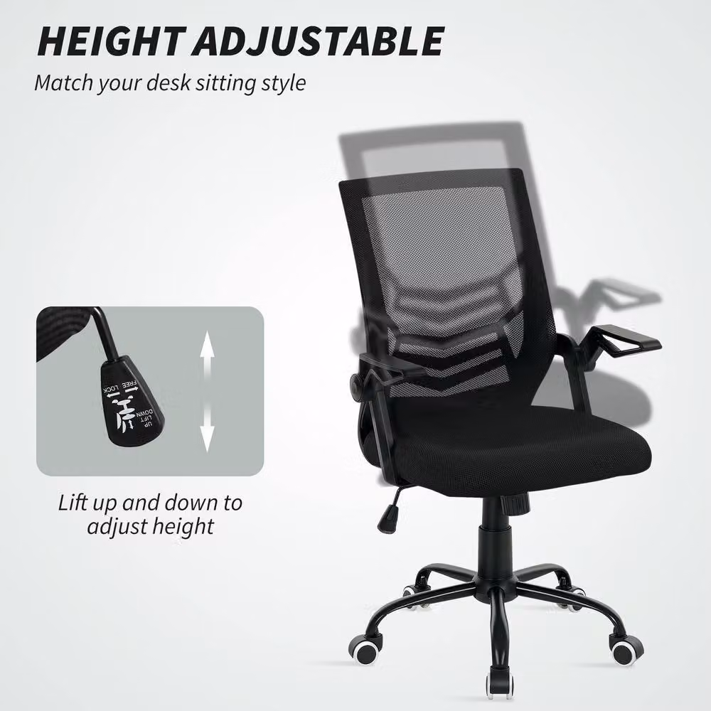 STILVORA Black Fabric Task Chair with Flip-up Armrests and 360 Degree Swivel – 4