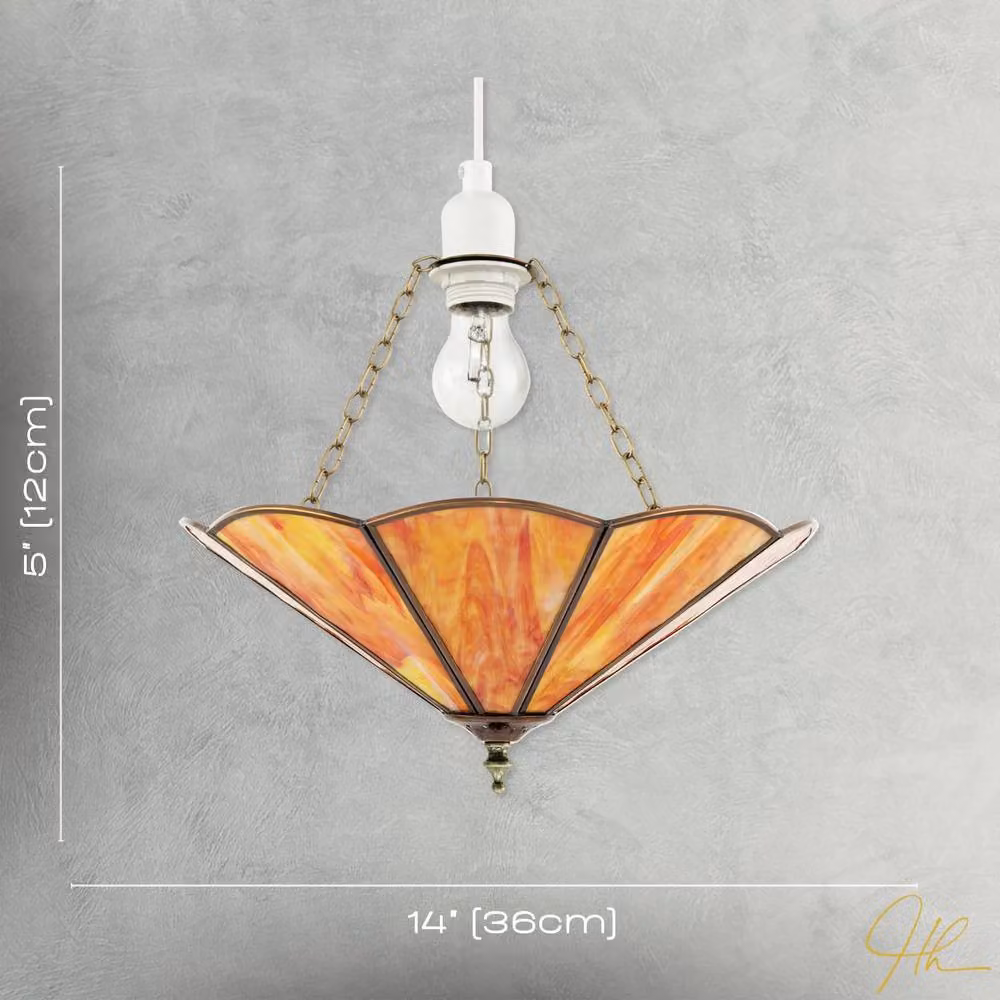 Happy Homewares Classic Orange Tiffany Glass Easy Fit Dome Pendant Shade with Brass Trims, Diameter: 35.56 cm – 3