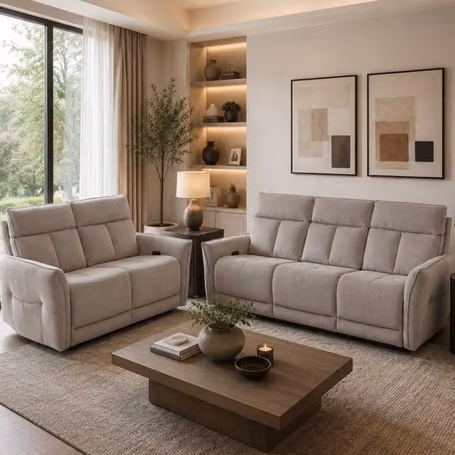 Aspire Grayson Fabric Upholstered Power Recliner 3 + 2 Sofa Set with USB Charging in Beige