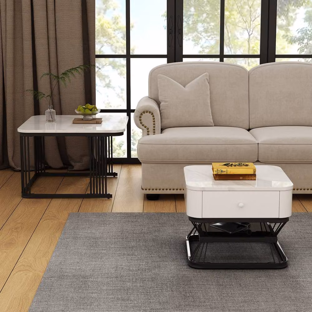 Merax White Marble Effect Nesting Coffee Table Set of 2 with Drawer and Shelf – 4