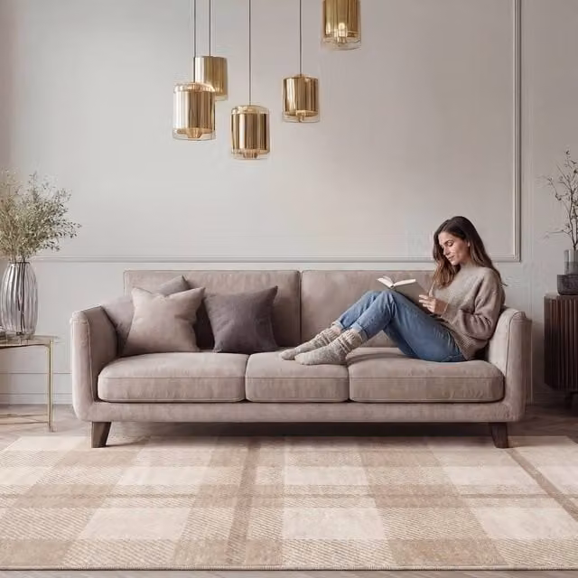 Kukoon Cream Beige Neutral Tartan Area Rug and Hallway Runner W: 160 cm, L: 230 cm
