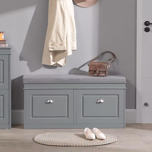 SoBuy Grey Shoe Bench Rack with Flip-drawer and Upholstered Frame