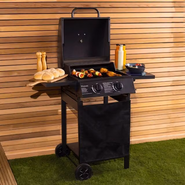 Charles Bentley Deluxe 2 Burner Gas BBQ Grill with Auto Ignition and Warming Rack in Black Steel