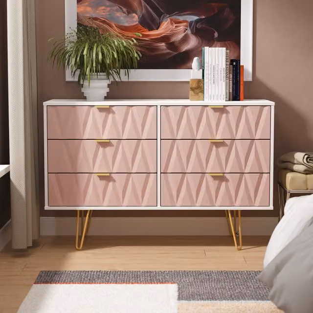 Diamond Ready Assembled 6 Drawer Midi Chest in Pink, White and Gold