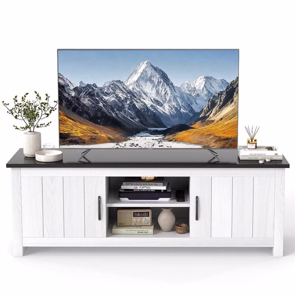 Costway Modern White TV Stand for TVs up to 65 inch with 2 Cabinets and Media Compartments – 2