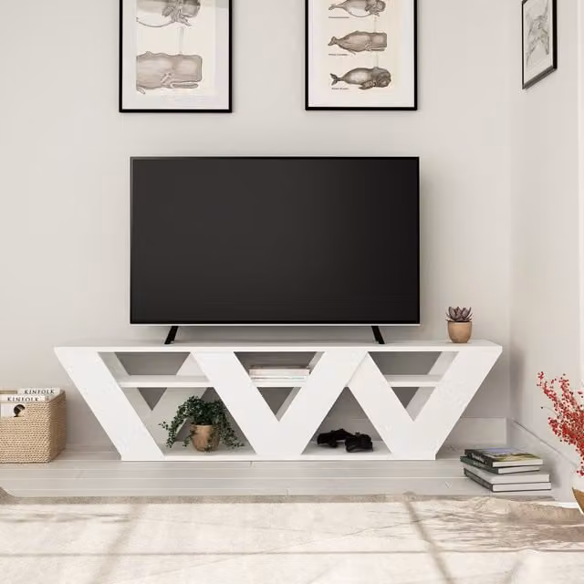 Decortie Ralla Modern TV Unit in White with Shelves, W: 158 cm, D: 40 cm, H: 40 cm