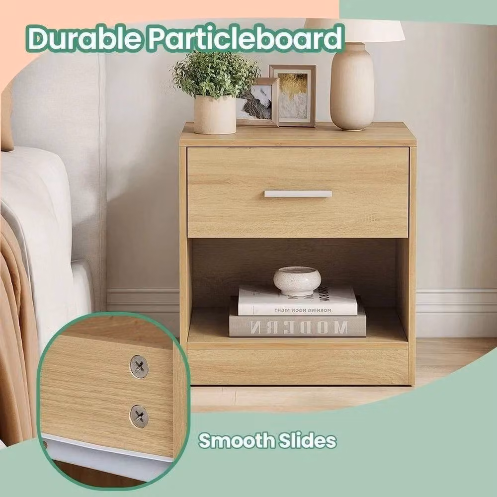 VOGREX Bedside Nightstand with Drawer and Open Compartment in Natural – 2