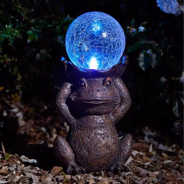 Smart Solar Brown Polyresin and Glass Gazing Frog
