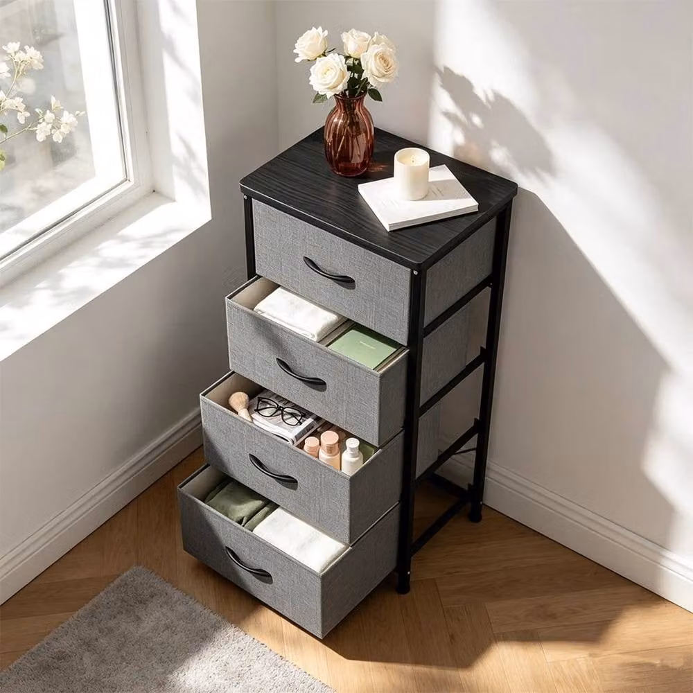 KORVIXA Grey 4 Drawer Fabric Chest of Drawers Organizer Unit W/D/H: 100 x 100 x 100 cm – 4