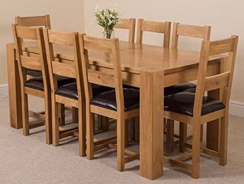 Oak Furniture King Kuba 8 Seater Solid Oak Dining Set with Lincoln Upholstered Leather Chairs, Natural Finish, W/D/H: 180 x 90 x 78 cm – 1