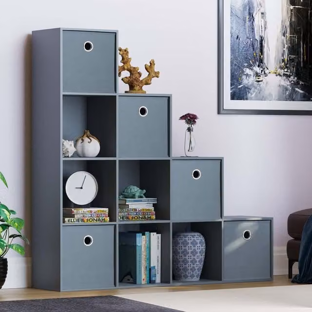 Lassic Durham 10 Cube Staircase Storage Unit with Back Panel and 5 Grey Baskets in Grey