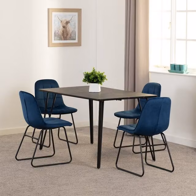 Seconique Marlow and Lukas Dining Set with Black Marble Effect Square Table and Sapphire Blue Velvet Chairs