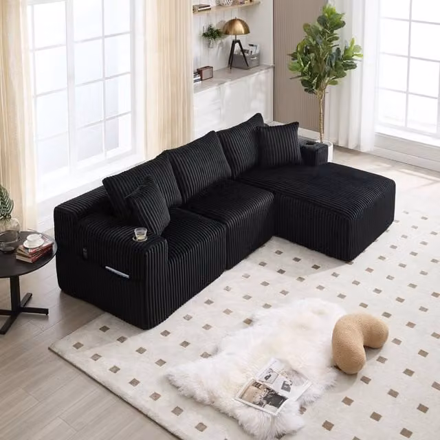 GOMYWAY Matteo Modular L-Shaped 3 Seater Sectional Sofa in Black Corduroy – 1