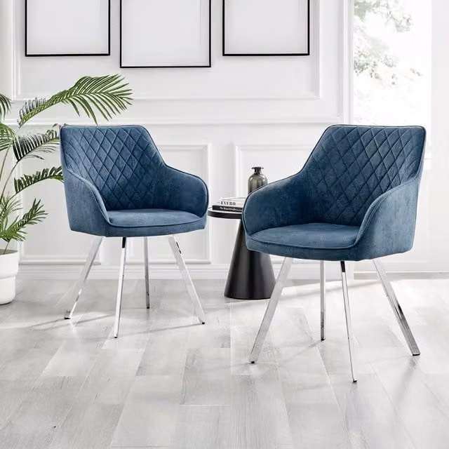 FurnitureboxUK Set of 2 Falun Blue Fabric Dining Chairs with Silver Metal Legs