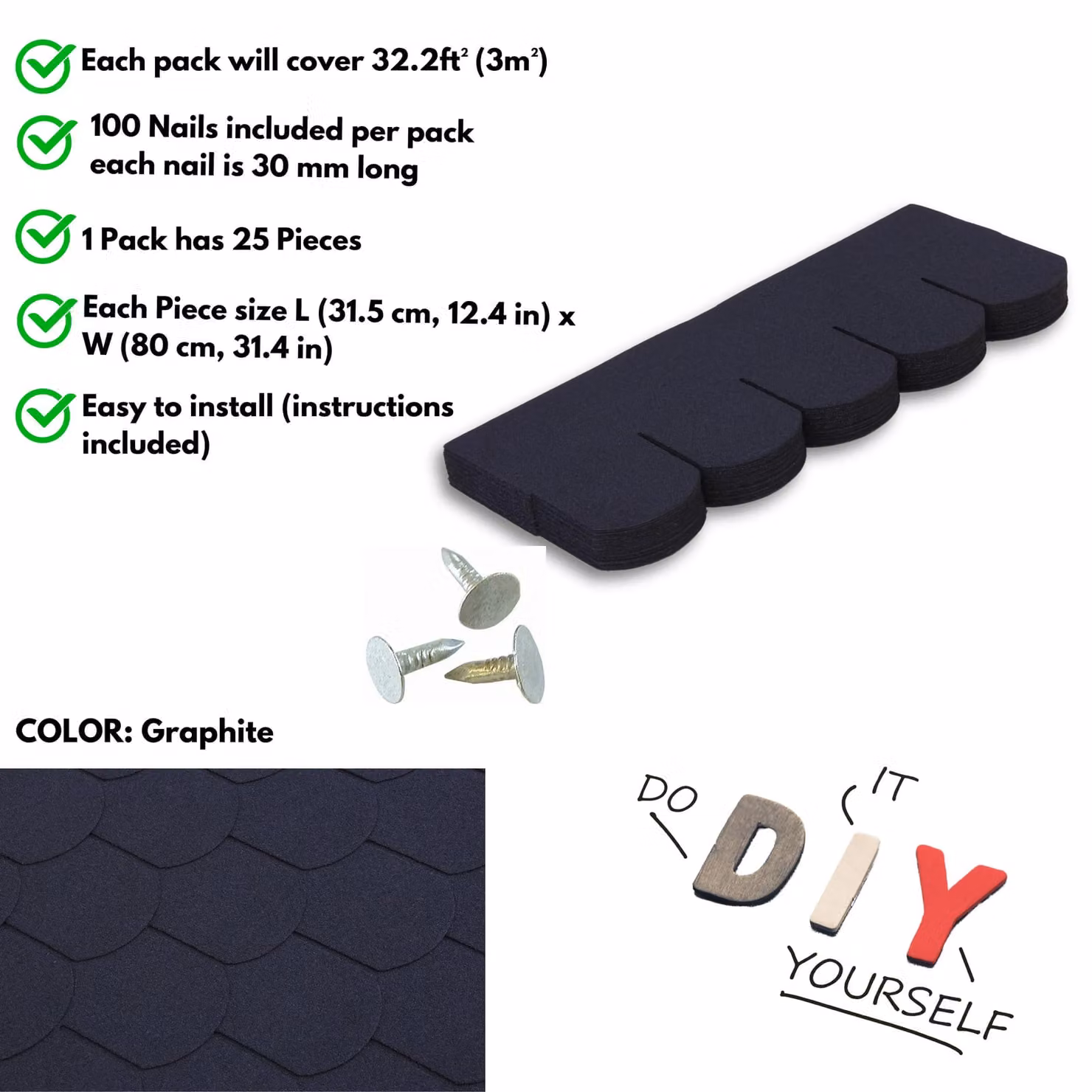 Novecrafto Heavy Duty Asphalt Roof Shingles in Black Fish Scale Design, 25 Pieces, W: 80 cm, H: 31.5 cm – 4