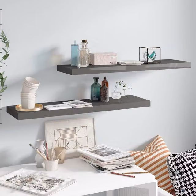 Berkfield Home Set of 2 Floating Wall Shelves in High Gloss Grey, W/D/H: 90 x 23.5 x 3.8 cm