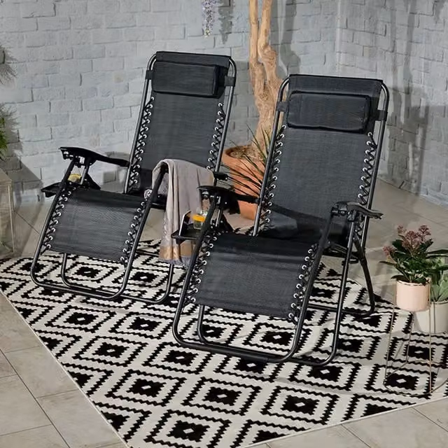 Royalcraft Set of 2 Black Zero Gravity Relaxer Garden Chairs with Textilene Fabric and Adjustable Headrests
