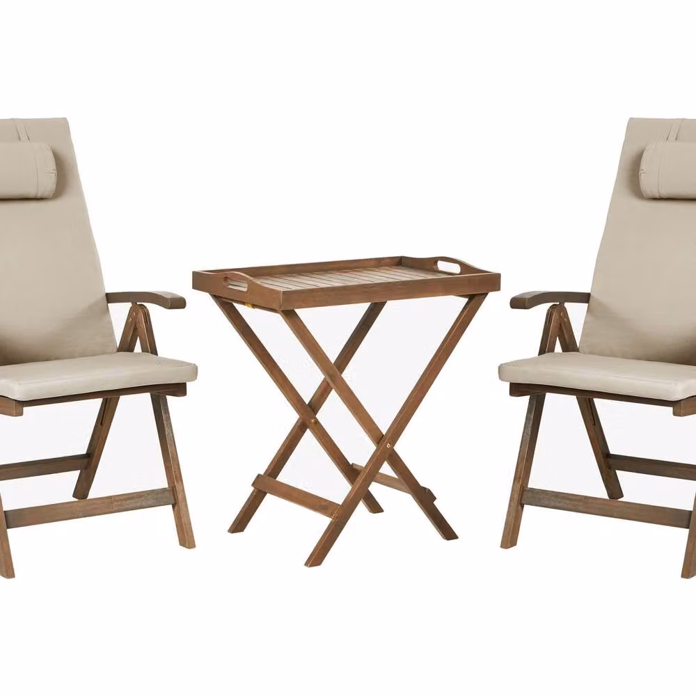 Wyld and Coco Acacia Wood 2-Seat Folding Bistro Set with Taupe Cushions in Brown – 2