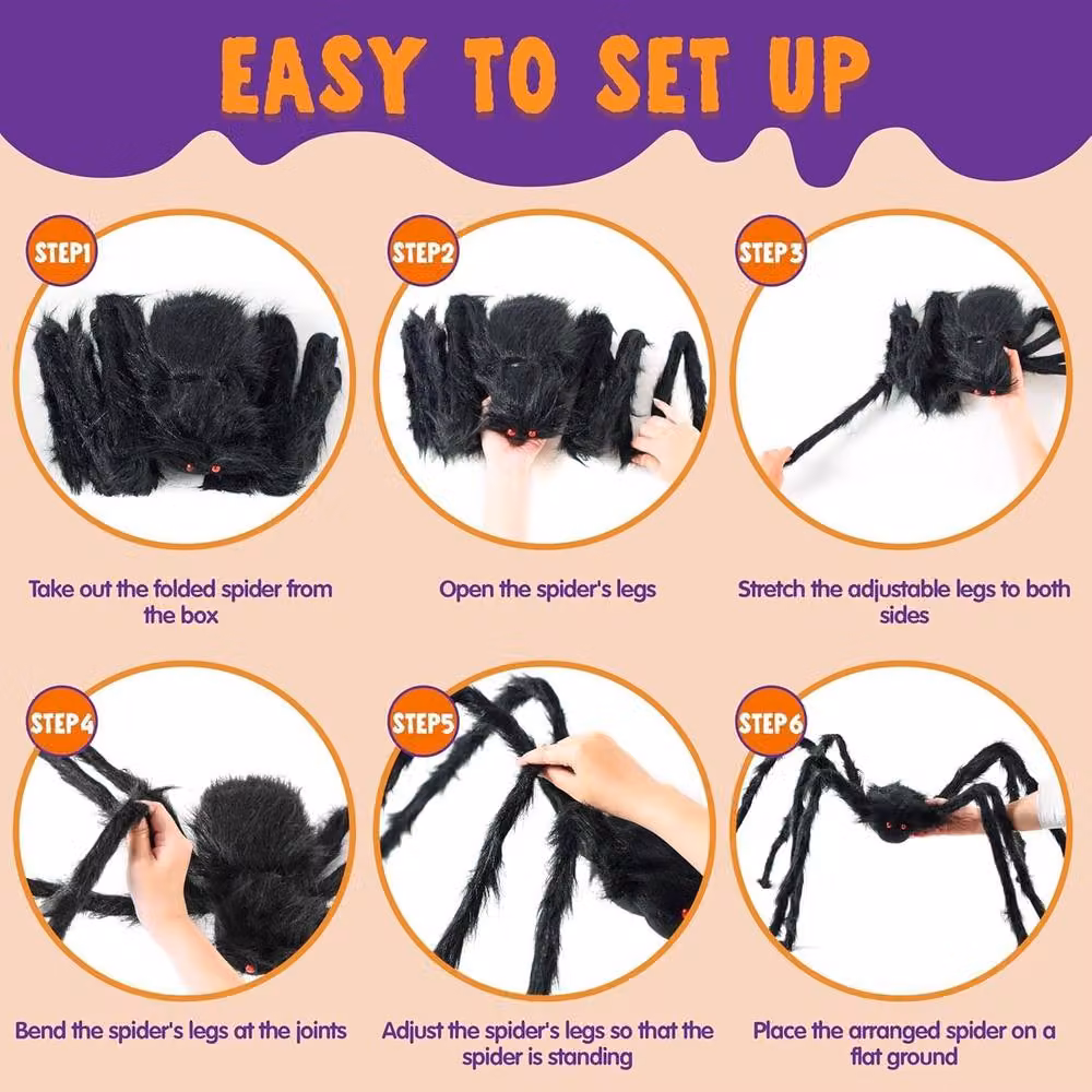 YnysTec Halloween Prop Set featuring 200cm Hairy Giant Spider and 5m Web in Black – 6