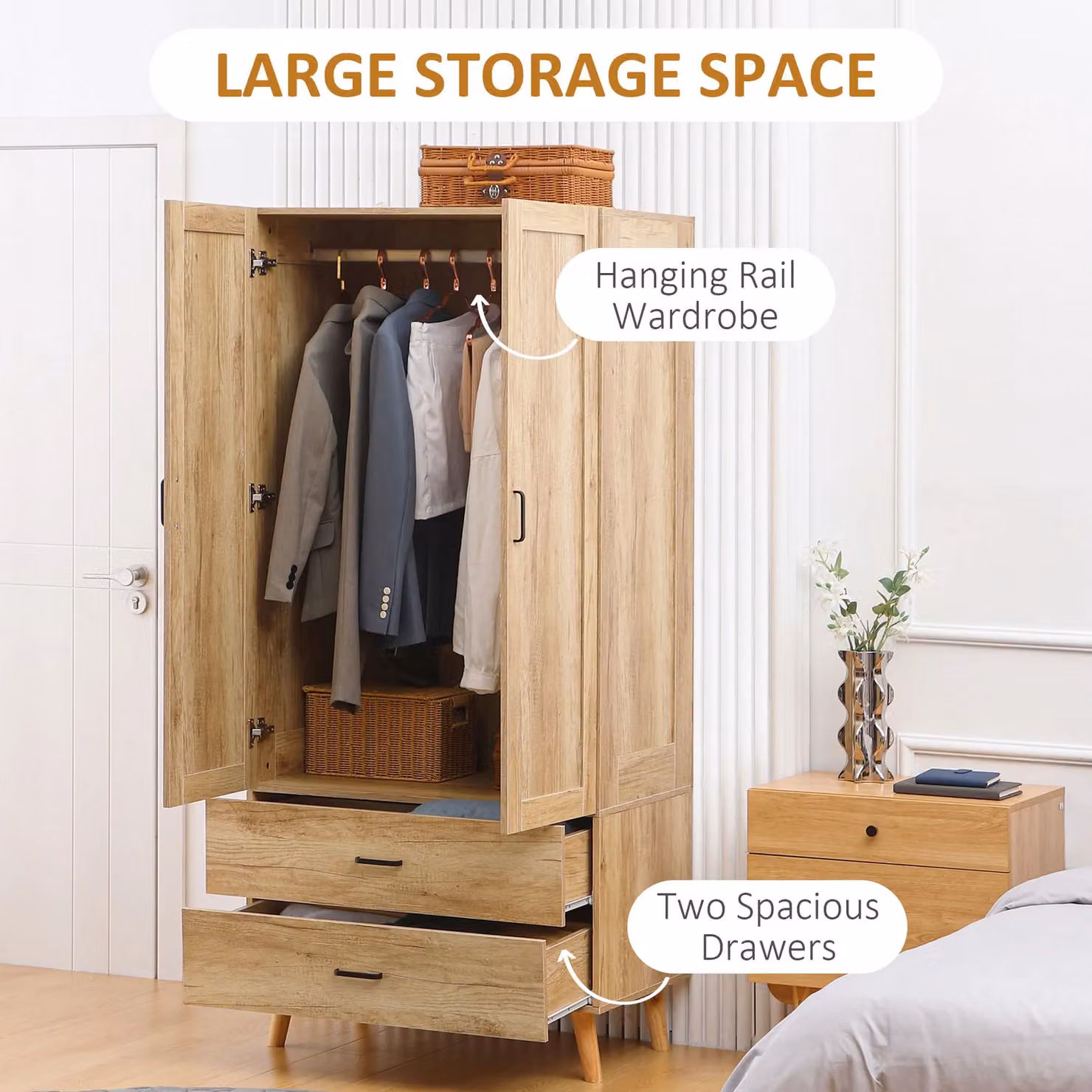 HOMCOM Modern 2 Door Wardrobe with 2 Internal Drawers and Hanging Rail, Brown, H 180 x W 80 x D 52 cm – 3