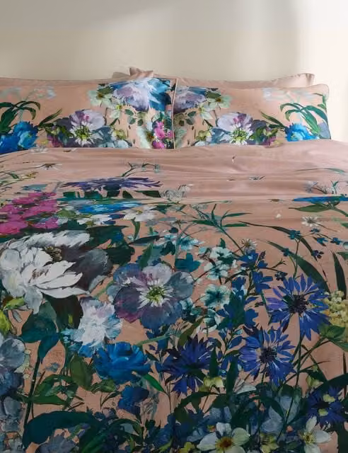 M&S Wild Meadow Pink Floral Cotton Mako Sateen Bedding Set, 200 x 200 cm