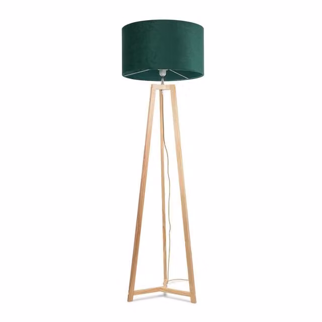 ValueLights Lottie Modern Floor Lamp with Natural Wood Base and Forest Green Velvet Cylinder Shade