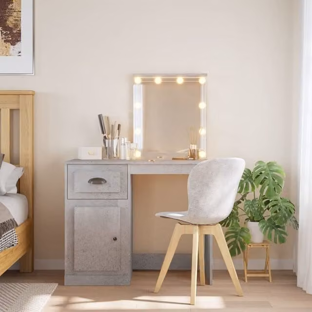 Berkfield Home Dressing Table with Hollywood LED Lights in Grey, W/D/H: 90 x 42 x 132.5 cm