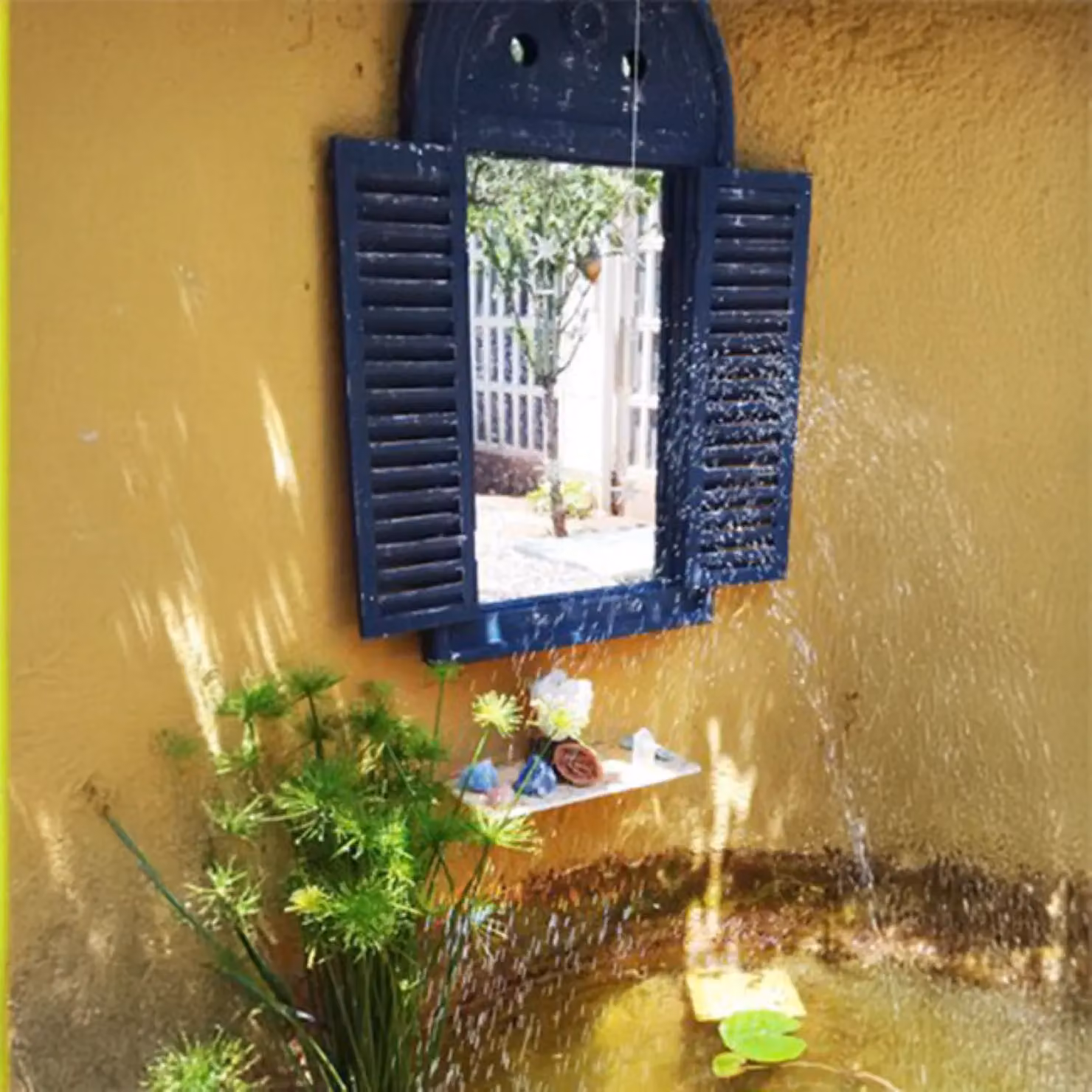 Primrose Rustic Wooden Glass Garden Outdoor Mirror with Louvre Shutters in Blue and Green