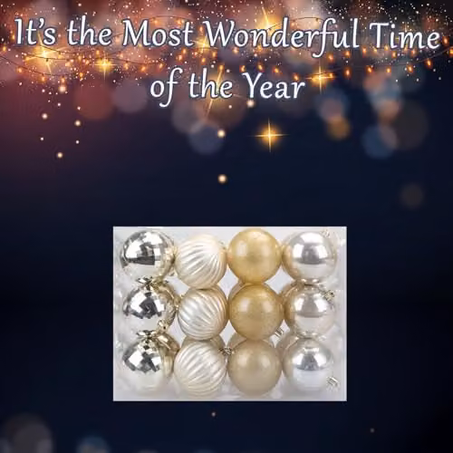 VFM e-Store Set of 24 Round Champagne and Gold Christmas Bauble Hanging Tree Ornaments, 8 cm – 4