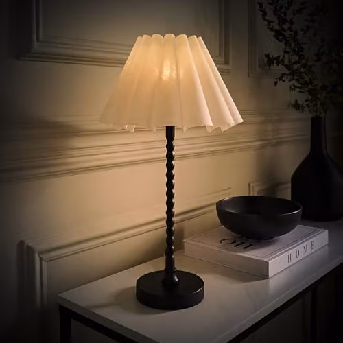 ValueLights Maeve Black Bobbin Bobble Table Lamp with White Scallop Pleated Taper Shade and LED Bulb Included – 2