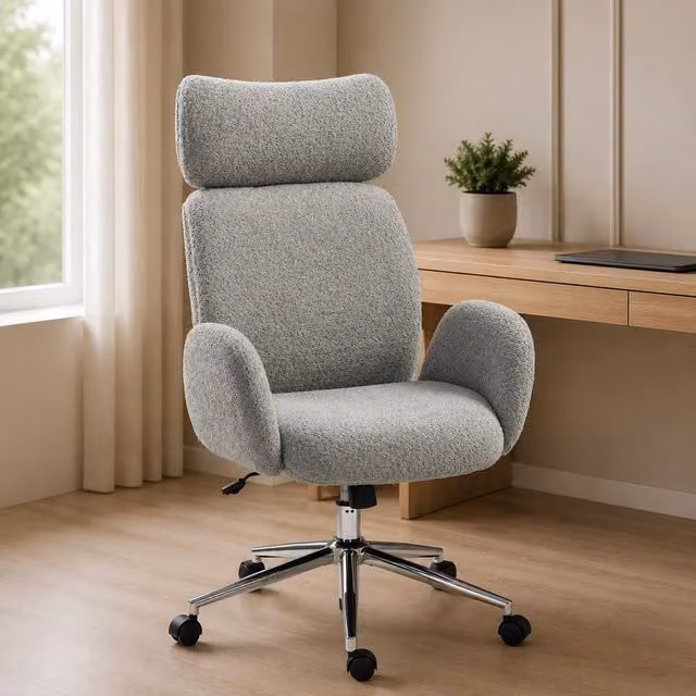 STILVORA Ergonomic Grey Bouclé Office Chair with Adjustable Headrest and Swivel Function – 1