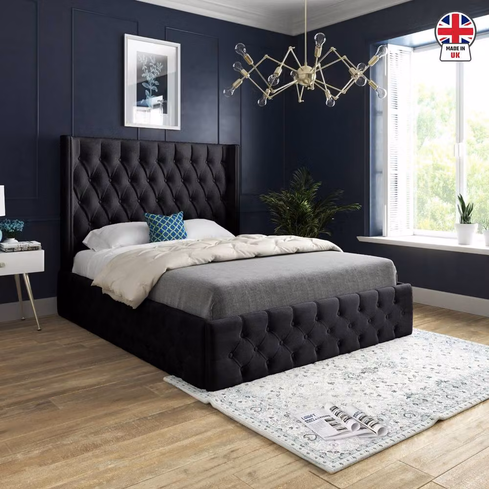 KDMD Winchcombe Winged Upholstered Designer Bed Frame in Black Soft Velvet, W/D/H: 144 x 200 x 137 cm – 3