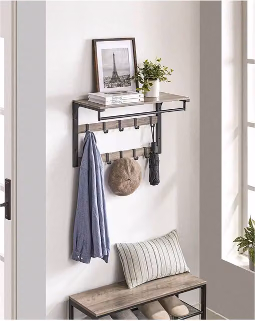 VASAGLE Industrial Hall Tree with Bench and Coat Rack in Brown and Grey